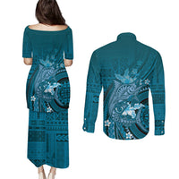 Samoa Tatau Marlin Couples Matching Puletasi and Long Sleeve Button Shirt With Siapo Motifs Teal LT05 - Polynesian Pride