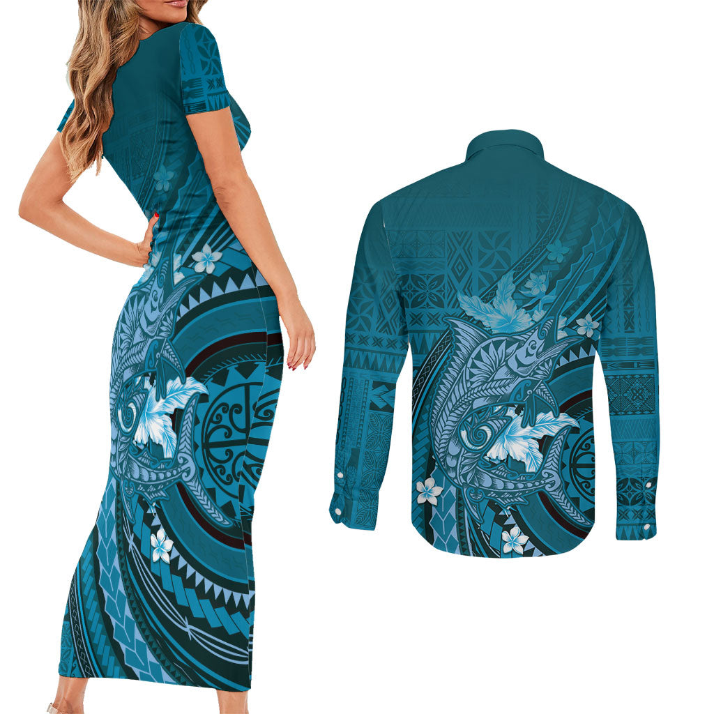 Samoa Tatau Marlin Couples Matching Short Sleeve Bodycon Dress and Long Sleeve Button Shirt With Siapo Motifs Teal LT05 - Polynesian Pride