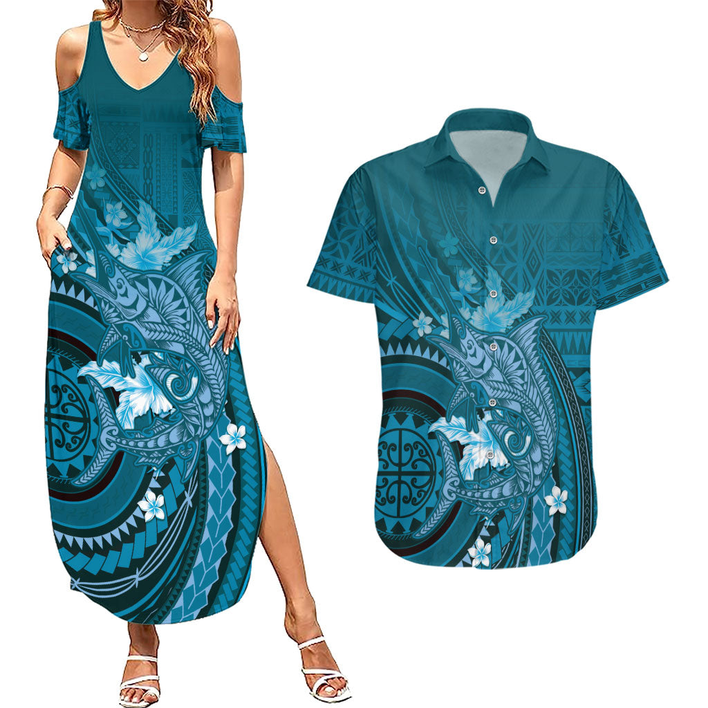Samoa Tatau Marlin Couples Matching Summer Maxi Dress and Hawaiian Shirt With Siapo Motifs Teal