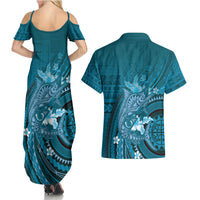 Samoa Tatau Marlin Couples Matching Summer Maxi Dress and Hawaiian Shirt With Siapo Motifs Teal LT05 - Polynesian Pride