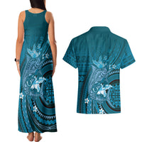 Samoa Tatau Marlin Couples Matching Tank Maxi Dress and Hawaiian Shirt With Siapo Motifs Teal LT05 - Polynesian Pride