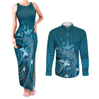 Samoa Tatau Marlin Couples Matching Tank Maxi Dress and Long Sleeve Button Shirt With Siapo Motifs Teal LT05 Teal - Polynesian Pride