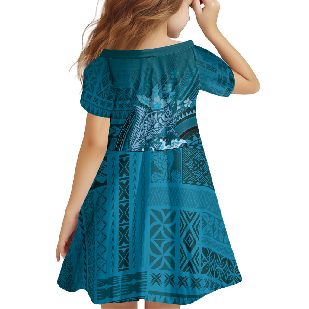 Samoa Tatau Marlin Family Matching Mermaid Dress and Hawaiian Shirt With Siapo Motifs Teal