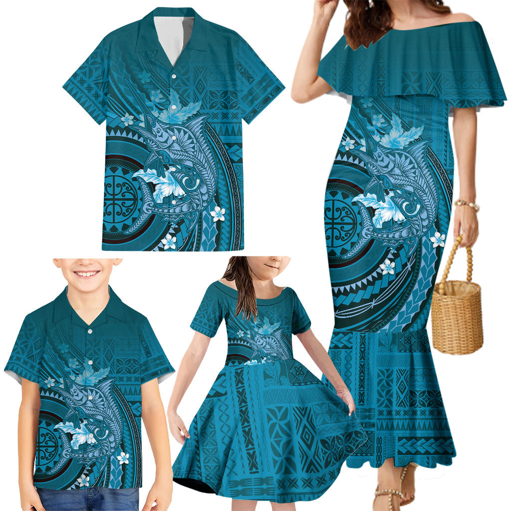 Samoa Tatau Marlin Family Matching Mermaid Dress and Hawaiian Shirt With Siapo Motifs Teal