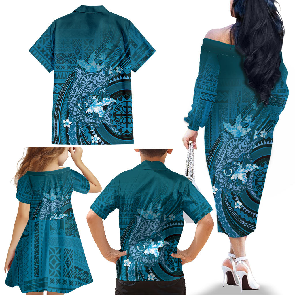 Samoa Tatau Marlin Family Matching Off The Shoulder Long Sleeve Dress and Hawaiian Shirt With Siapo Motifs Teal LT05 - Polynesian Pride