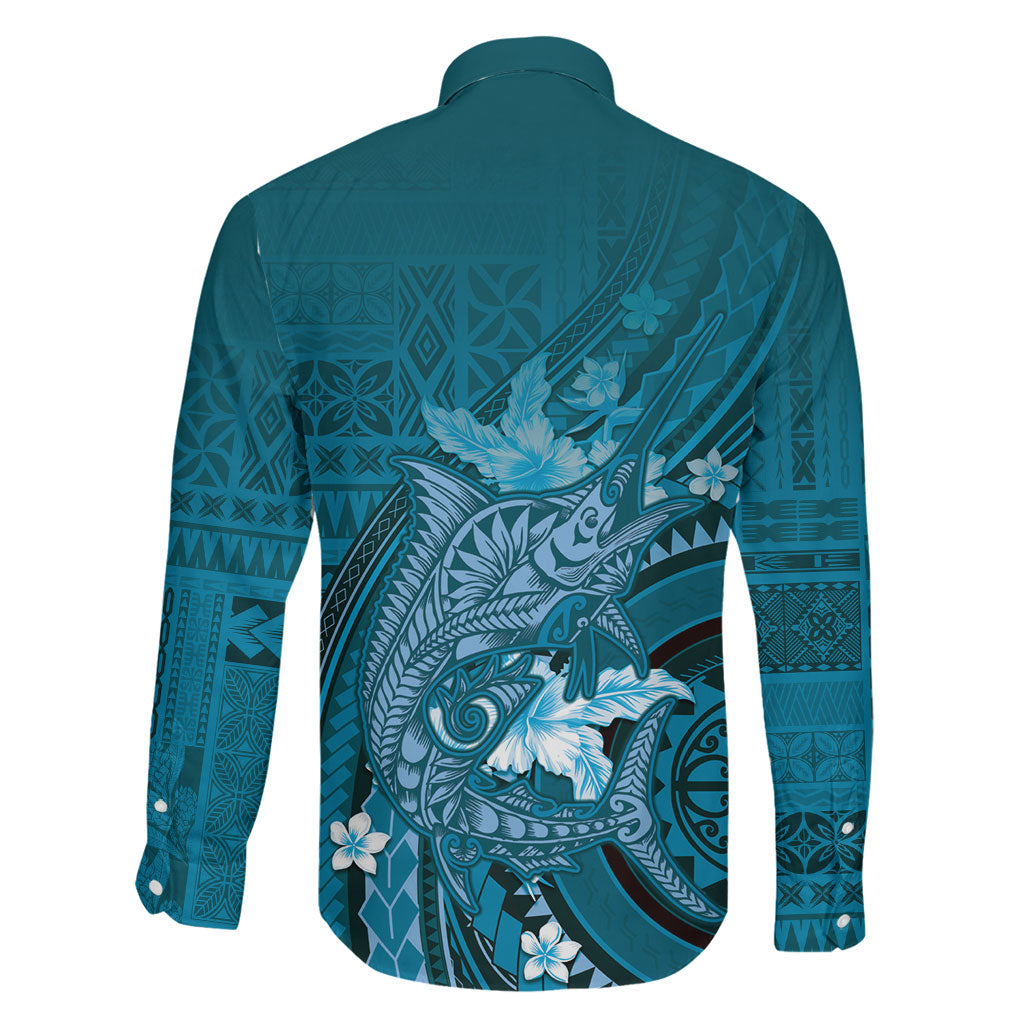Samoa Tatau Marlin Family Matching Off The Shoulder Long Sleeve Dress and Hawaiian Shirt With Siapo Motifs Teal LT05 - Polynesian Pride