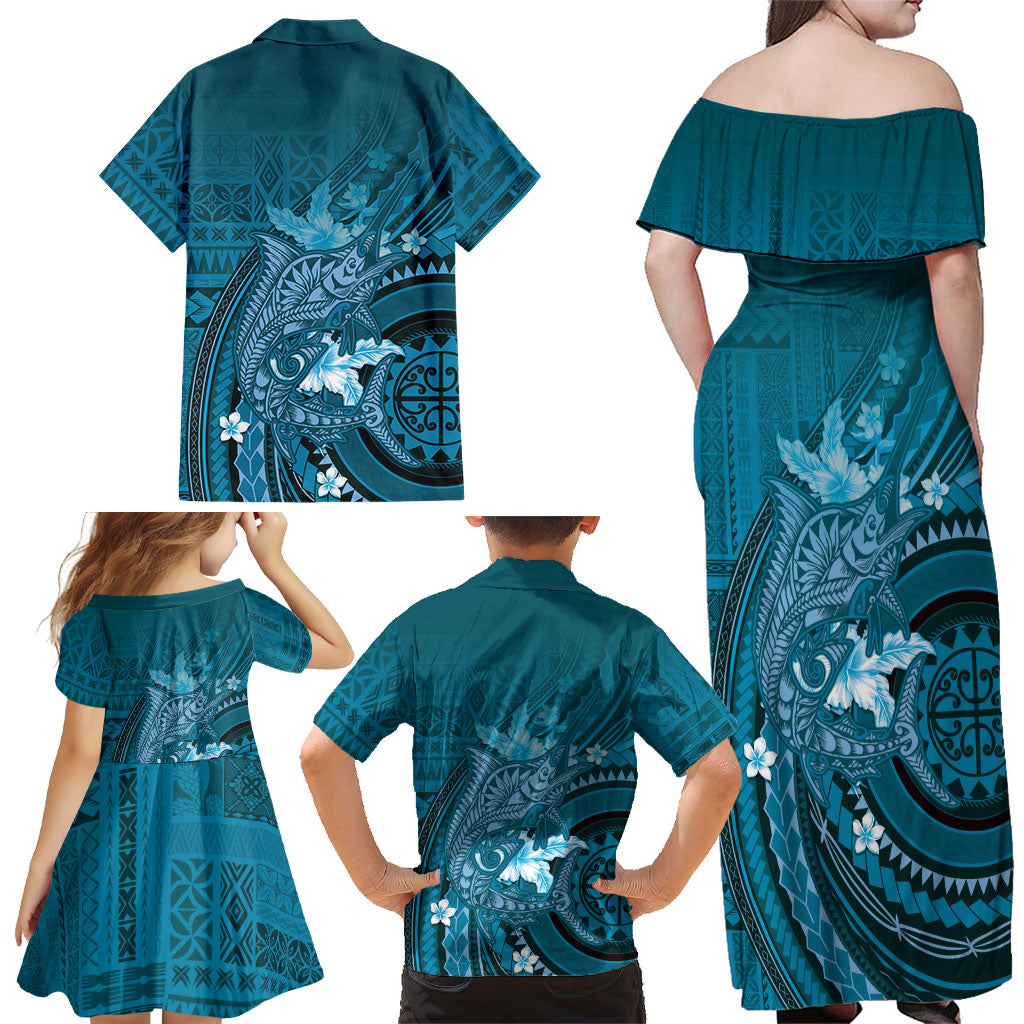Samoa Tatau Marlin Family Matching Off Shoulder Maxi Dress and Hawaiian Shirt With Siapo Motifs Teal