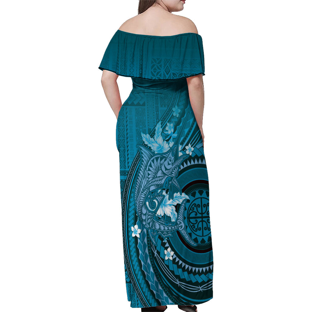 Samoa Tatau Marlin Family Matching Off Shoulder Maxi Dress and Hawaiian Shirt With Siapo Motifs Teal
