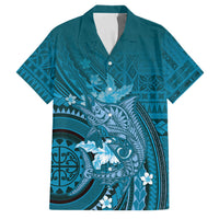 Samoa Tatau Marlin Family Matching Off Shoulder Short Dress and Hawaiian Shirt With Siapo Motifs Teal