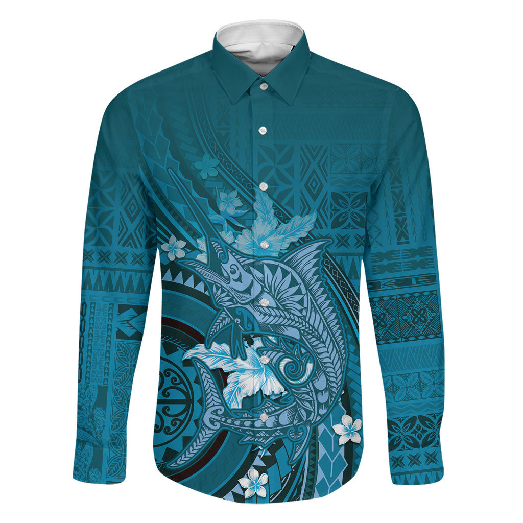 Samoa Tatau Marlin Family Matching Off Shoulder Short Dress and Hawaiian Shirt With Siapo Motifs Teal