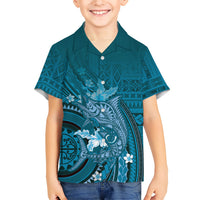 Samoa Tatau Marlin Family Matching Off Shoulder Short Dress and Hawaiian Shirt With Siapo Motifs Teal
