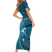 Samoa Tatau Marlin Family Matching Short Sleeve Bodycon Dress and Hawaiian Shirt With Siapo Motifs Teal LT05 - Polynesian Pride