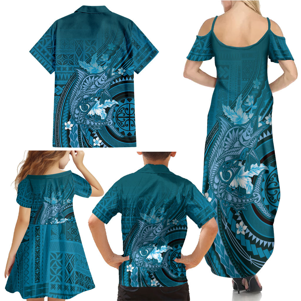 Samoa Tatau Marlin Family Matching Summer Maxi Dress and Hawaiian Shirt With Siapo Motifs Teal