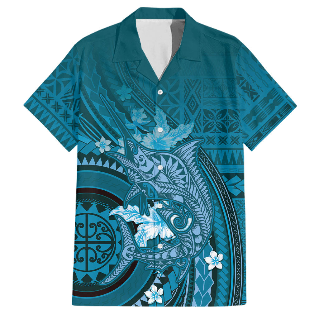 Samoa Tatau Marlin Family Matching Summer Maxi Dress and Hawaiian Shirt With Siapo Motifs Teal