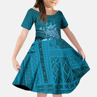 Samoa Tatau Marlin Family Matching Tank Maxi Dress and Hawaiian Shirt With Siapo Motifs Teal