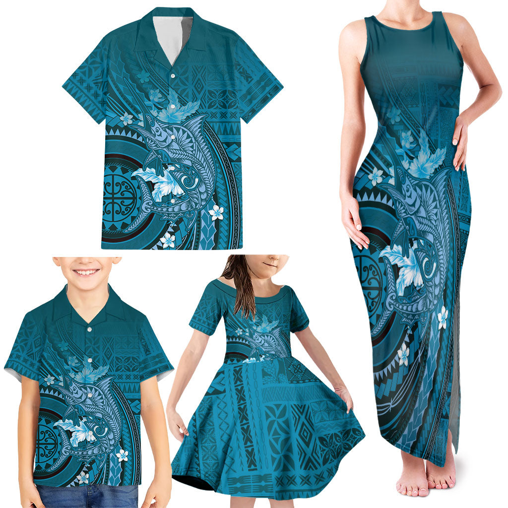 Samoa Tatau Marlin Family Matching Tank Maxi Dress and Hawaiian Shirt With Siapo Motifs Teal