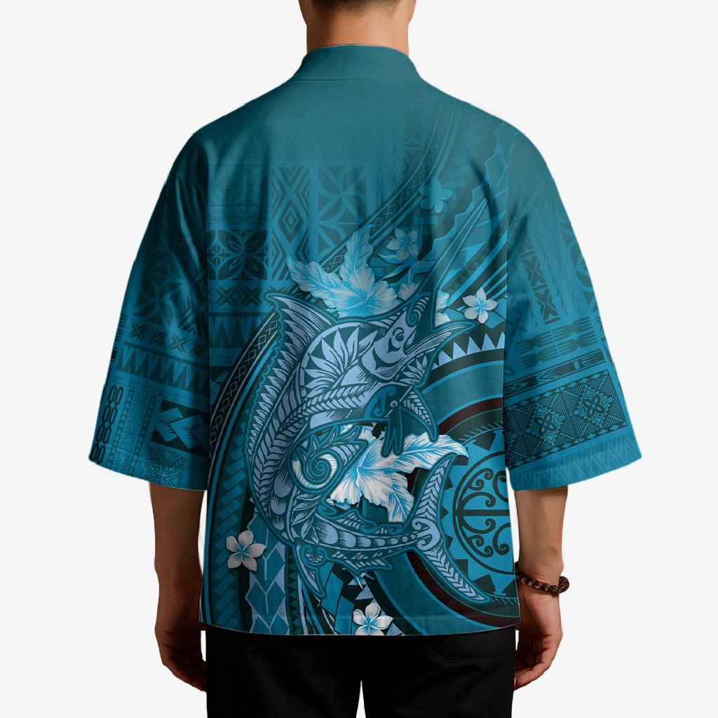 Samoa Tatau Marlin Kimono With Siapo Motifs Teal