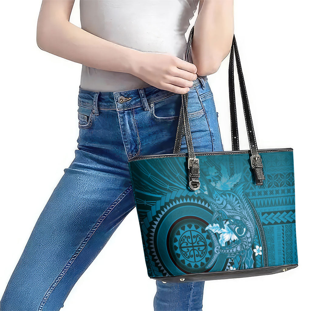 Samoa Tatau Marlin Leather Tote Bag With Siapo Motifs Teal