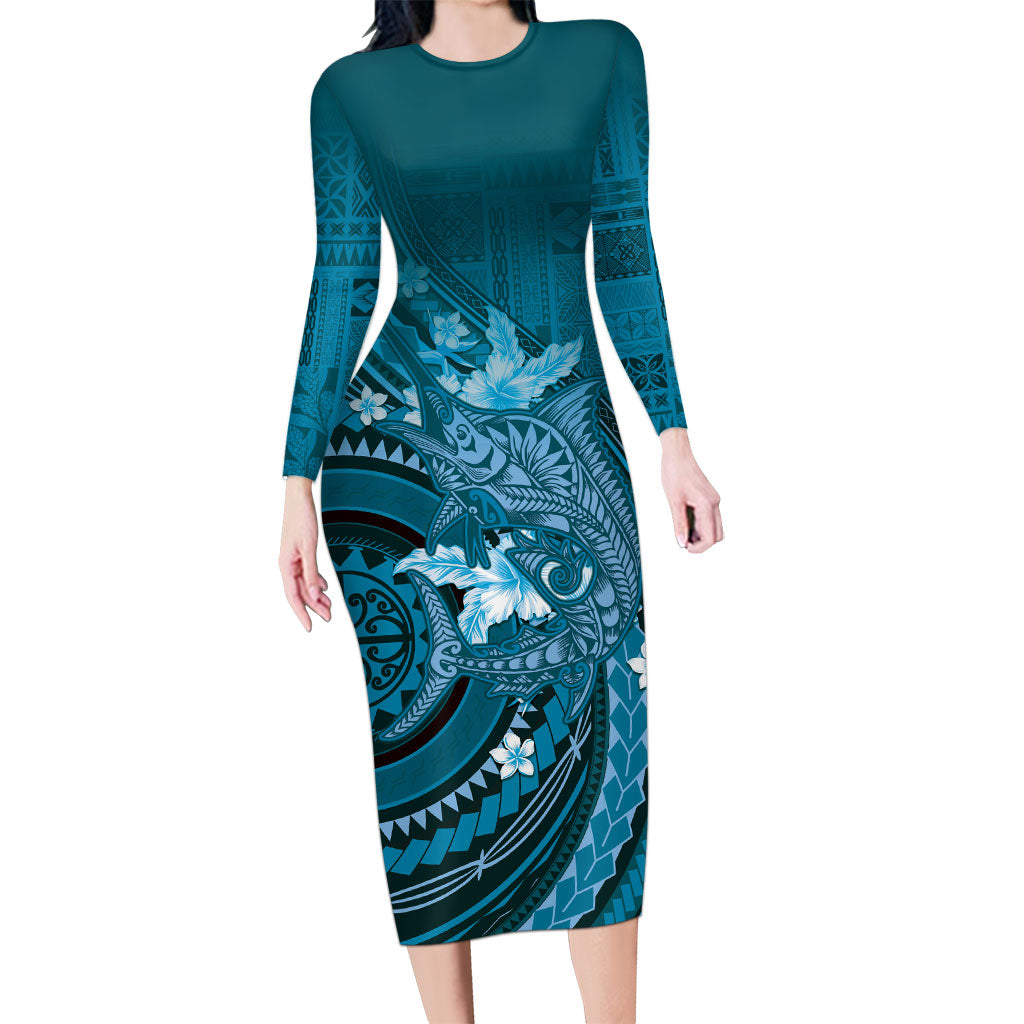 Samoa Tatau Marlin Long Sleeve Bodycon Dress With Siapo Motifs Teal