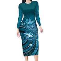Samoa Tatau Marlin Long Sleeve Bodycon Dress With Siapo Motifs Teal