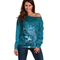 Samoa Tatau Marlin Off Shoulder Sweater With Siapo Motifs Teal