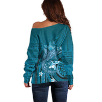 Samoa Tatau Marlin Off Shoulder Sweater With Siapo Motifs Teal