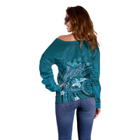 Samoa Tatau Marlin Off Shoulder Sweater With Siapo Motifs Teal