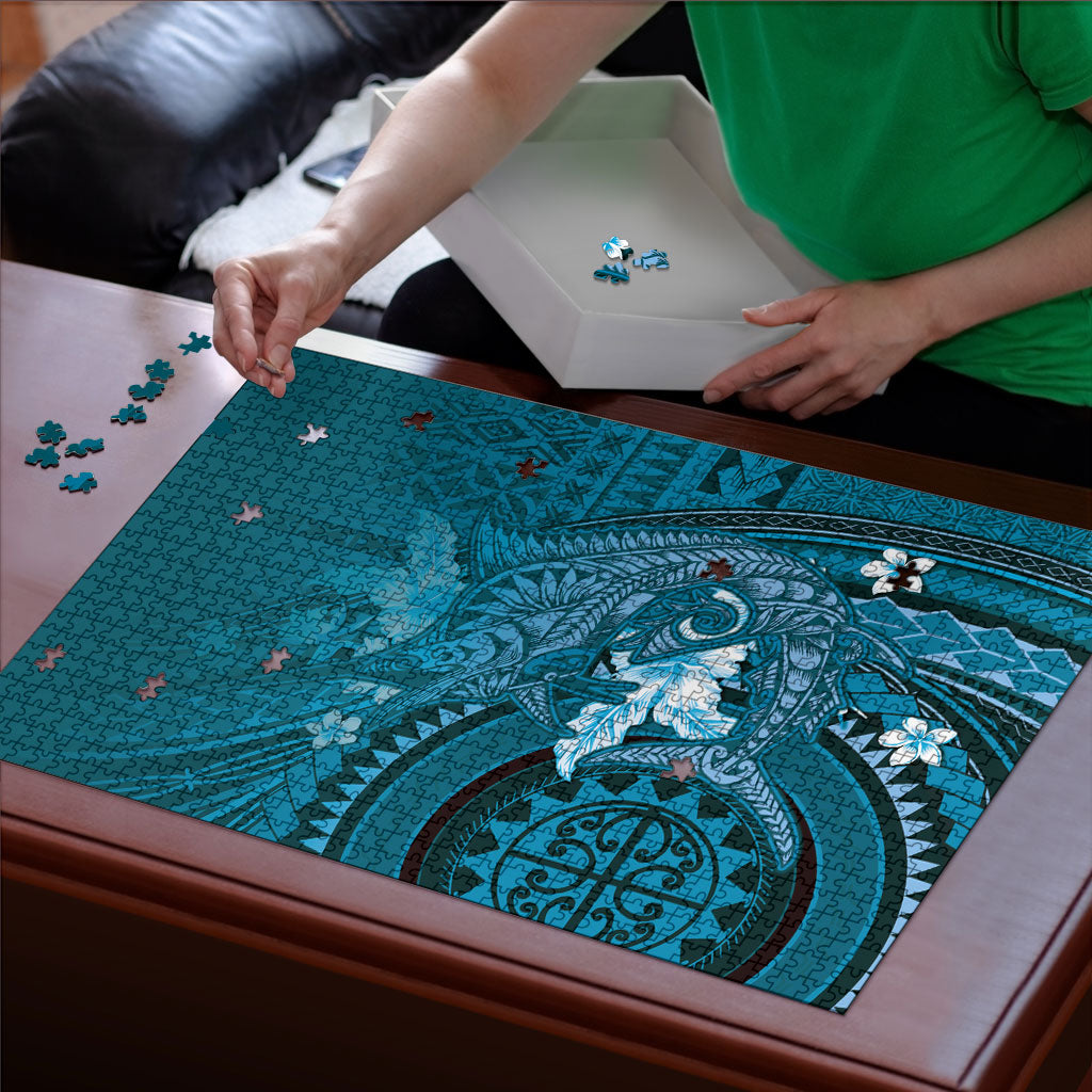 Samoa Tatau Marlin Puzzle With Siapo Motifs Teal