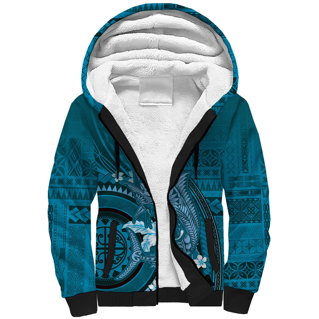 Samoa Tatau Marlin Sherpa Hoodie With Siapo Motifs Teal LT05 Unisex Teal - Polynesian Pride