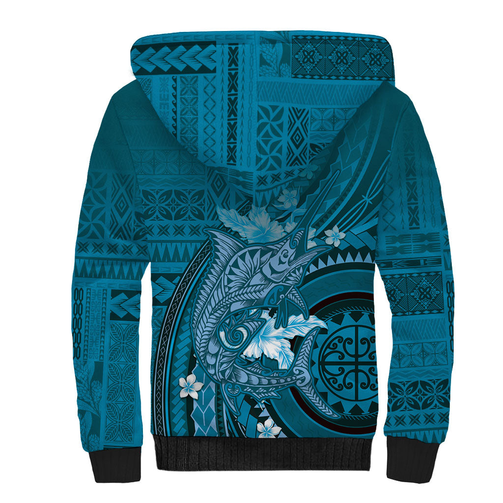 Samoa Tatau Marlin Sherpa Hoodie With Siapo Motifs Teal LT05 - Polynesian Pride