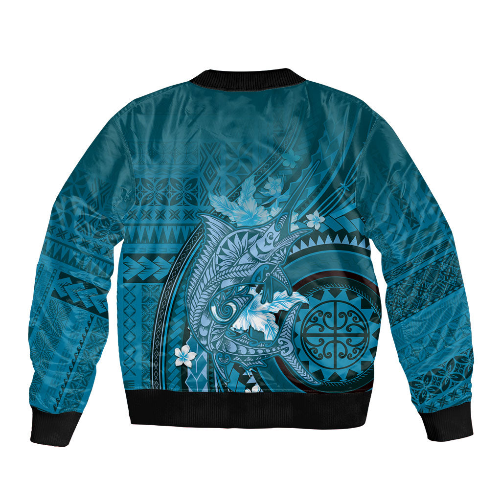 Samoa Tatau Marlin Sleeve Zip Bomber Jacket With Siapo Motifs Teal LT05 - Polynesian Pride