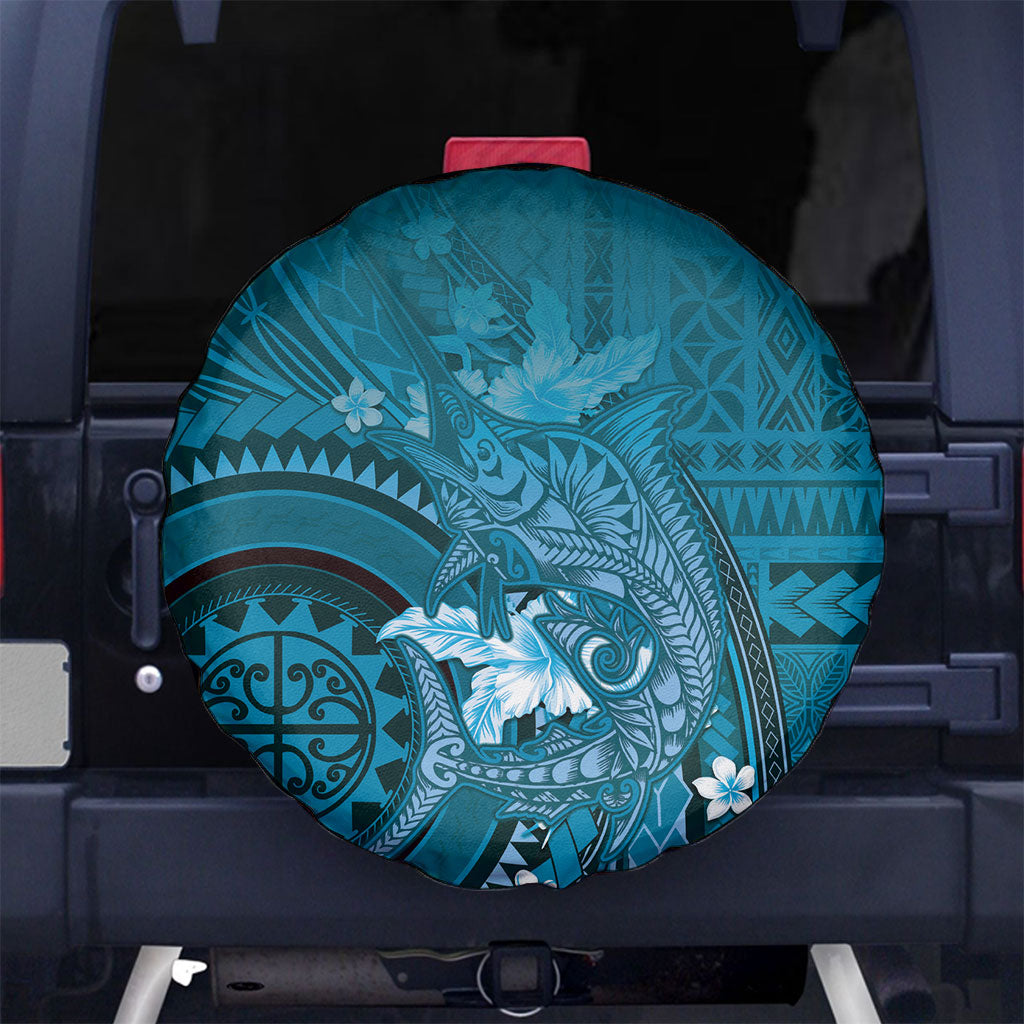 Samoa Tatau Marlin Spare Tire Cover With Siapo Motifs Teal LT05 No hole Teal - Polynesian Pride