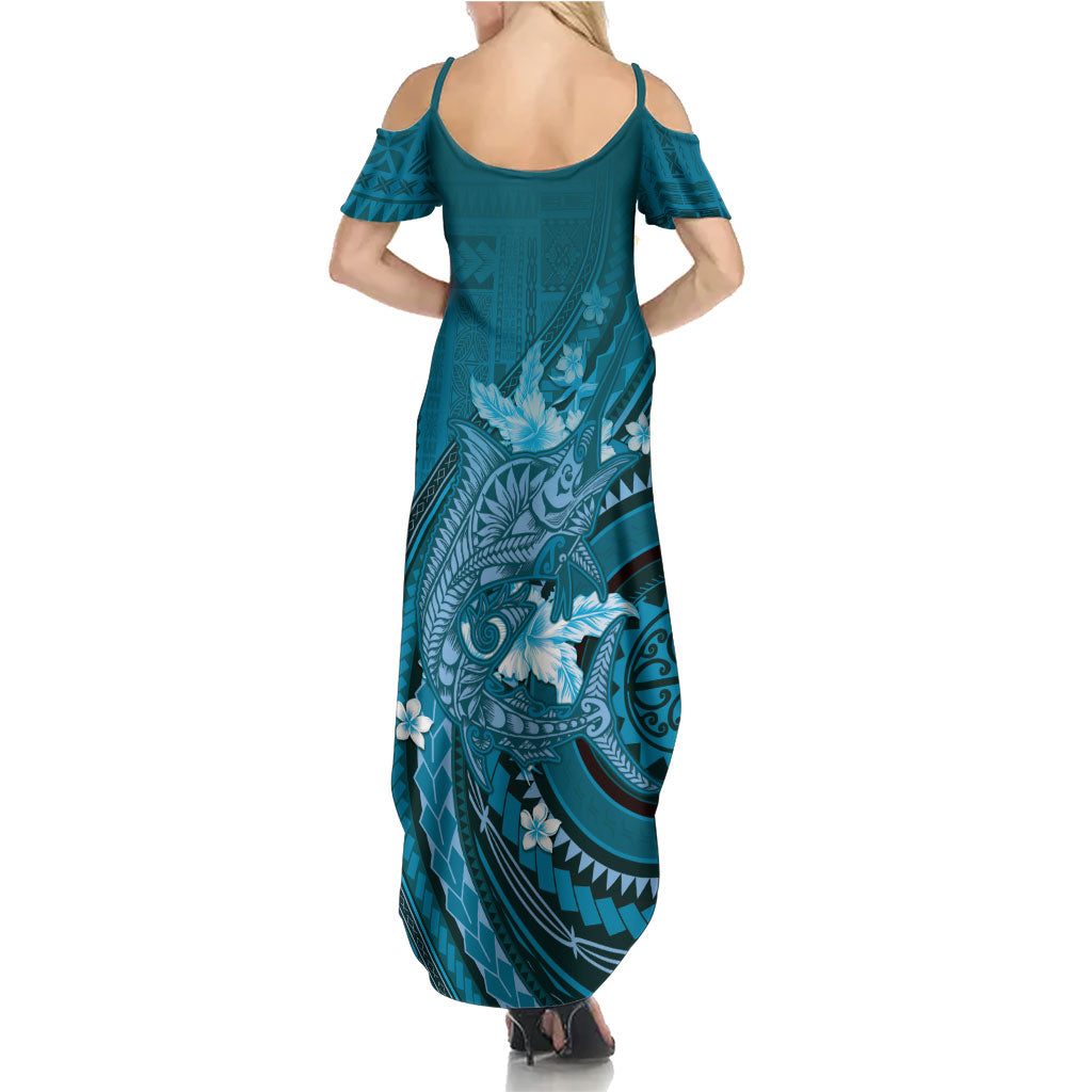 Samoa Tatau Marlin Summer Maxi Dress With Siapo Motifs Teal LT05 - Polynesian Pride