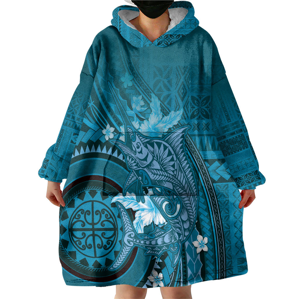 Samoa Tatau Marlin Wearable Blanket Hoodie With Siapo Motifs Teal