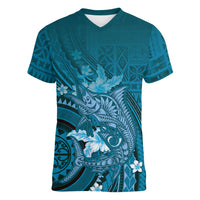 Samoa Tatau Marlin Women V-Neck T-Shirt With Siapo Motifs Teal