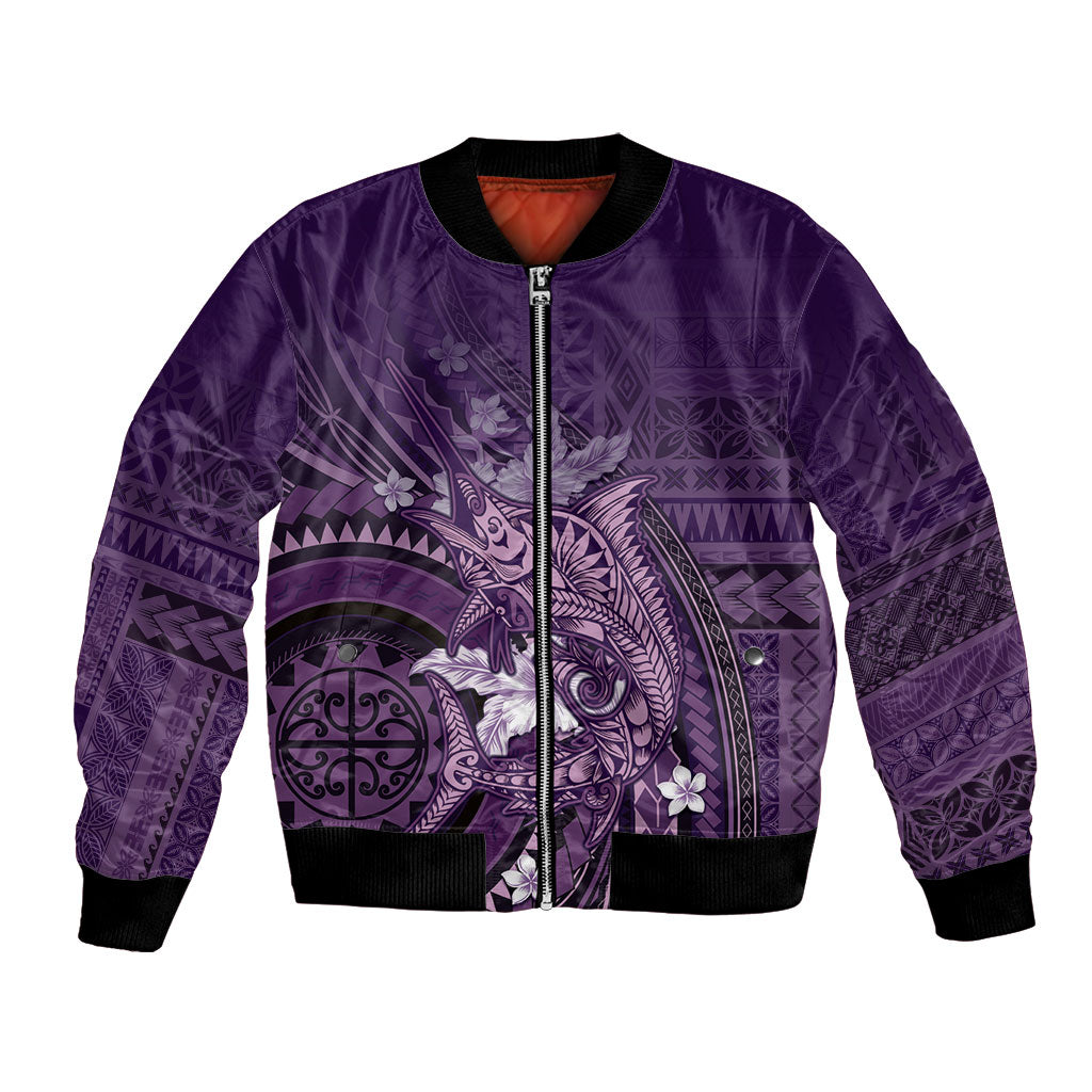 Samoa Tatau Marlin Bomber Jacket With Siapo Motifs Violet LT05 Unisex Violet - Polynesian Pride