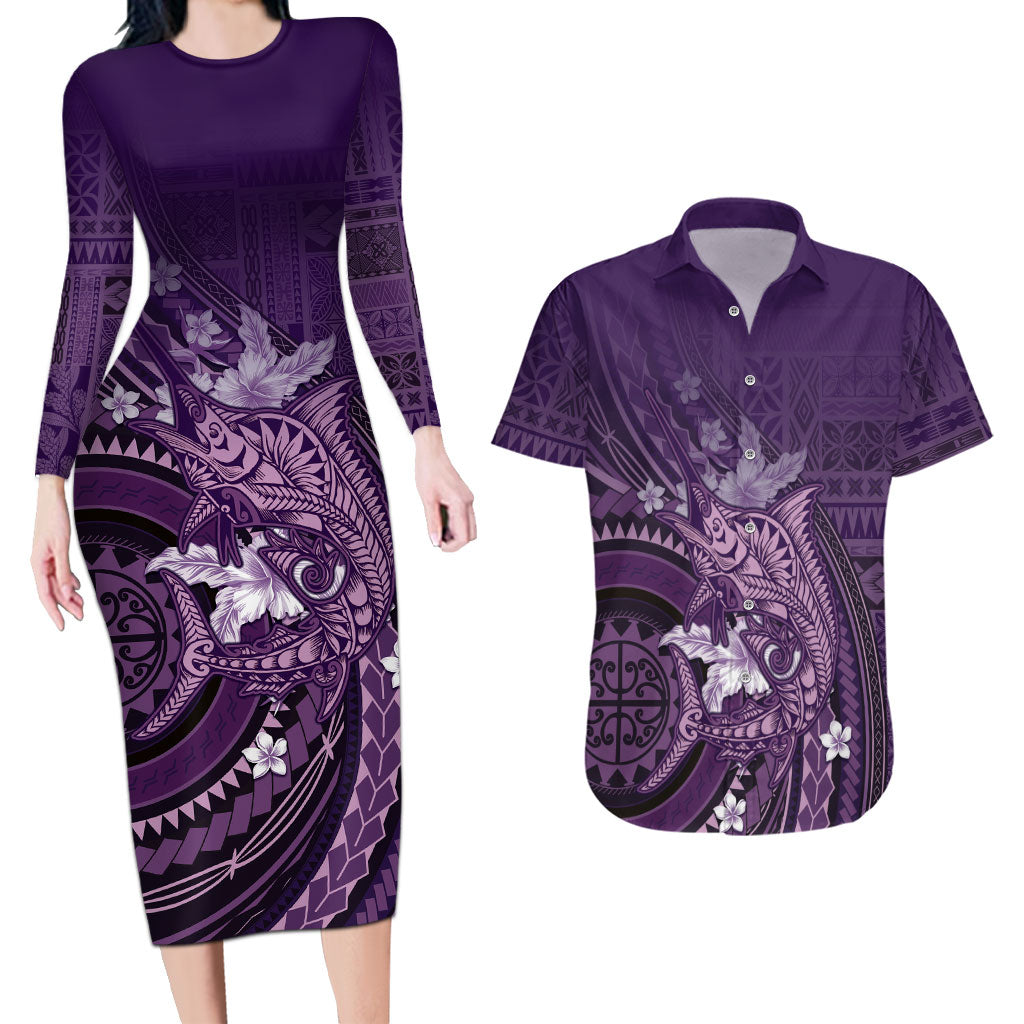 Samoa Tatau Marlin Couples Matching Long Sleeve Bodycon Dress and Hawaiian Shirt With Siapo Motifs Violet LT05 Violet - Polynesian Pride