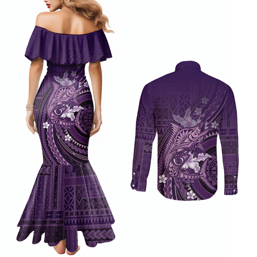 Samoa Tatau Marlin Couples Matching Mermaid Dress and Long Sleeve Button Shirt With Siapo Motifs Violet LT05 - Polynesian Pride