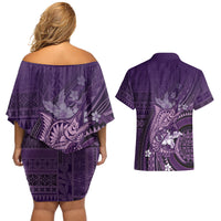 Samoa Tatau Marlin Couples Matching Off Shoulder Short Dress and Hawaiian Shirt With Siapo Motifs Violet LT05 - Polynesian Pride