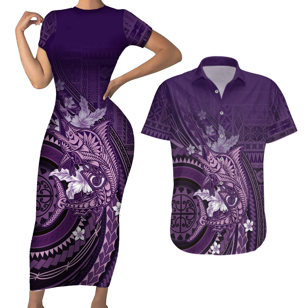 Samoa Tatau Marlin Couples Matching Short Sleeve Bodycon Dress and Hawaiian Shirt With Siapo Motifs Violet LT05 Violet - Polynesian Pride