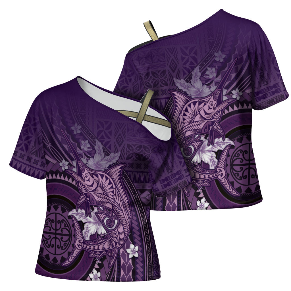 Samoa Tatau Marlin Cross Shoulder Shirt With Siapo Motifs Violet