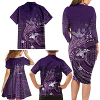 Samoa Tatau Marlin Family Matching Long Sleeve Bodycon Dress and Hawaiian Shirt With Siapo Motifs Violet