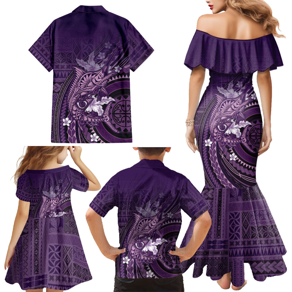 Samoa Tatau Marlin Family Matching Mermaid Dress and Hawaiian Shirt With Siapo Motifs Violet