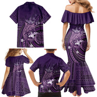 Samoa Tatau Marlin Family Matching Mermaid Dress and Hawaiian Shirt With Siapo Motifs Violet