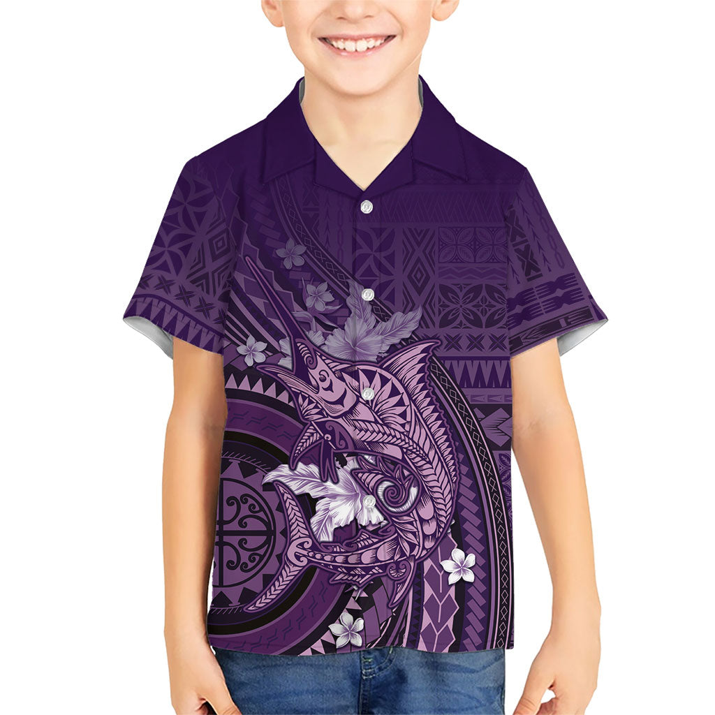 Samoa Tatau Marlin Family Matching Mermaid Dress and Hawaiian Shirt With Siapo Motifs Violet