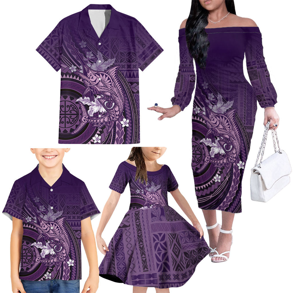 Samoa Tatau Marlin Family Matching Off The Shoulder Long Sleeve Dress and Hawaiian Shirt With Siapo Motifs Violet