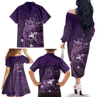 Samoa Tatau Marlin Family Matching Off The Shoulder Long Sleeve Dress and Hawaiian Shirt With Siapo Motifs Violet LT05 - Polynesian Pride