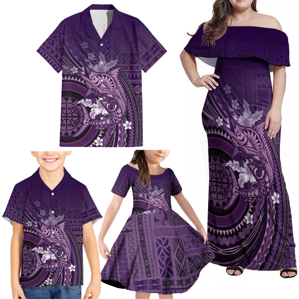Samoa Tatau Marlin Family Matching Off Shoulder Maxi Dress and Hawaiian Shirt With Siapo Motifs Violet