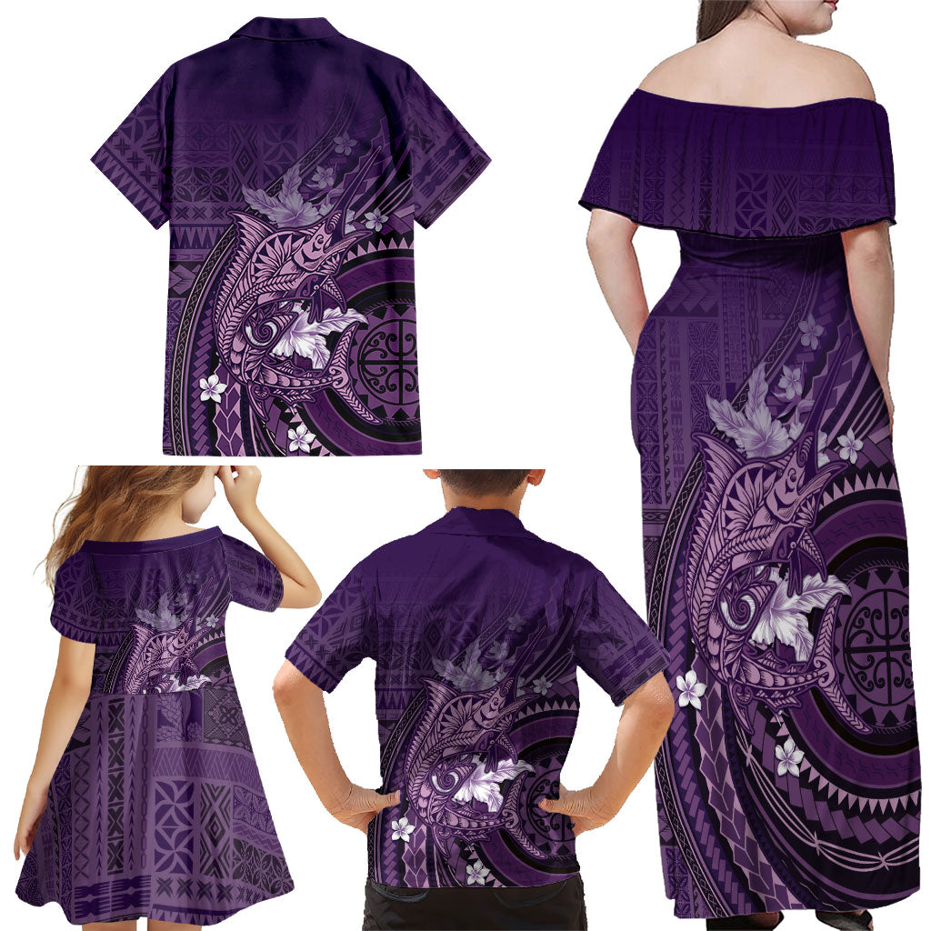 Samoa Tatau Marlin Family Matching Off Shoulder Maxi Dress and Hawaiian Shirt With Siapo Motifs Violet