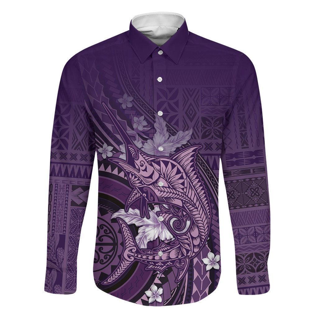 Samoa Tatau Marlin Family Matching Off Shoulder Short Dress and Hawaiian Shirt With Siapo Motifs Violet